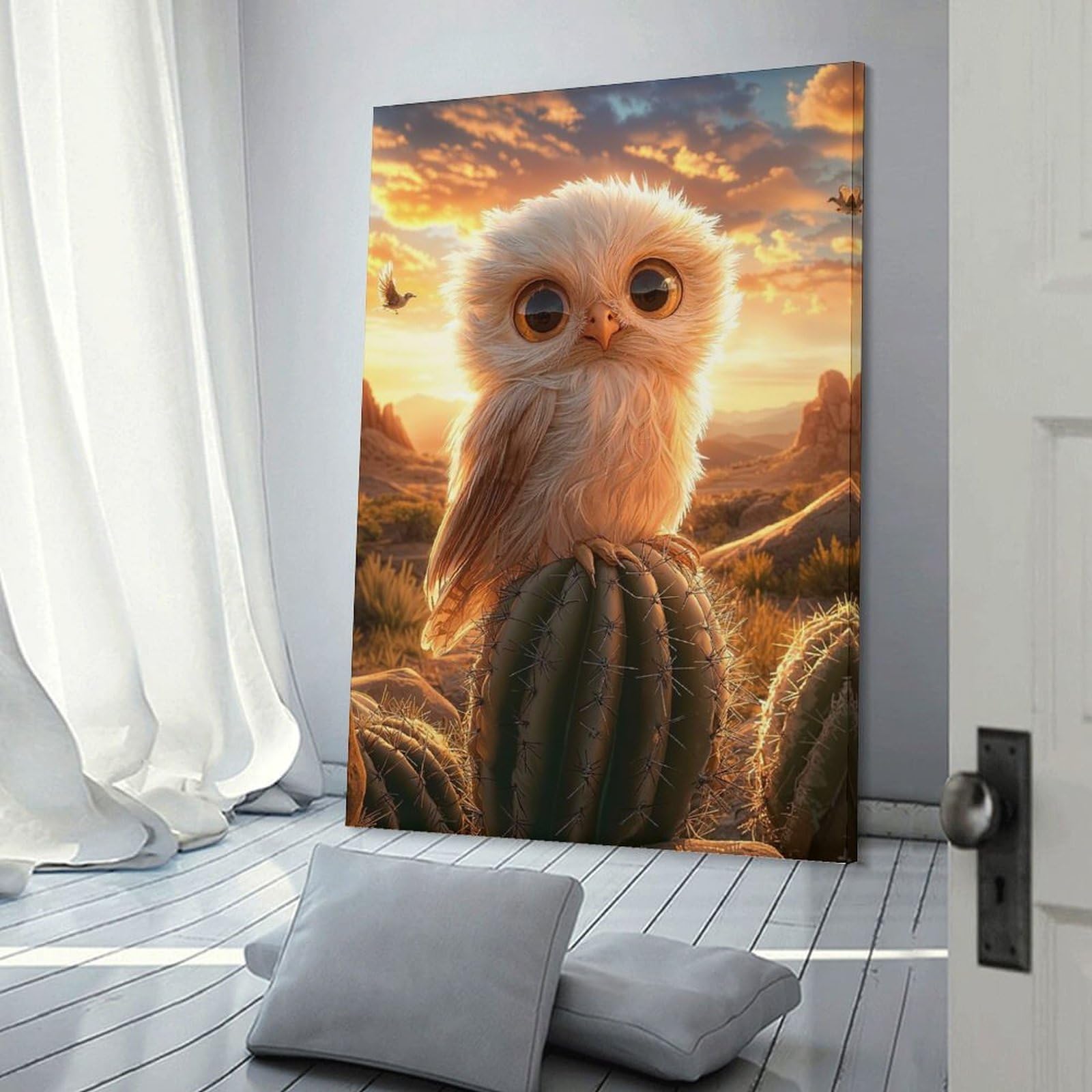 Junmoney Canvas Wall Art Cute Owl on Cactus, 24x36inch(60x90cm), for Living Room, Bedroom, Office Or Hallway, Decorative Artwork with Broad Appeal