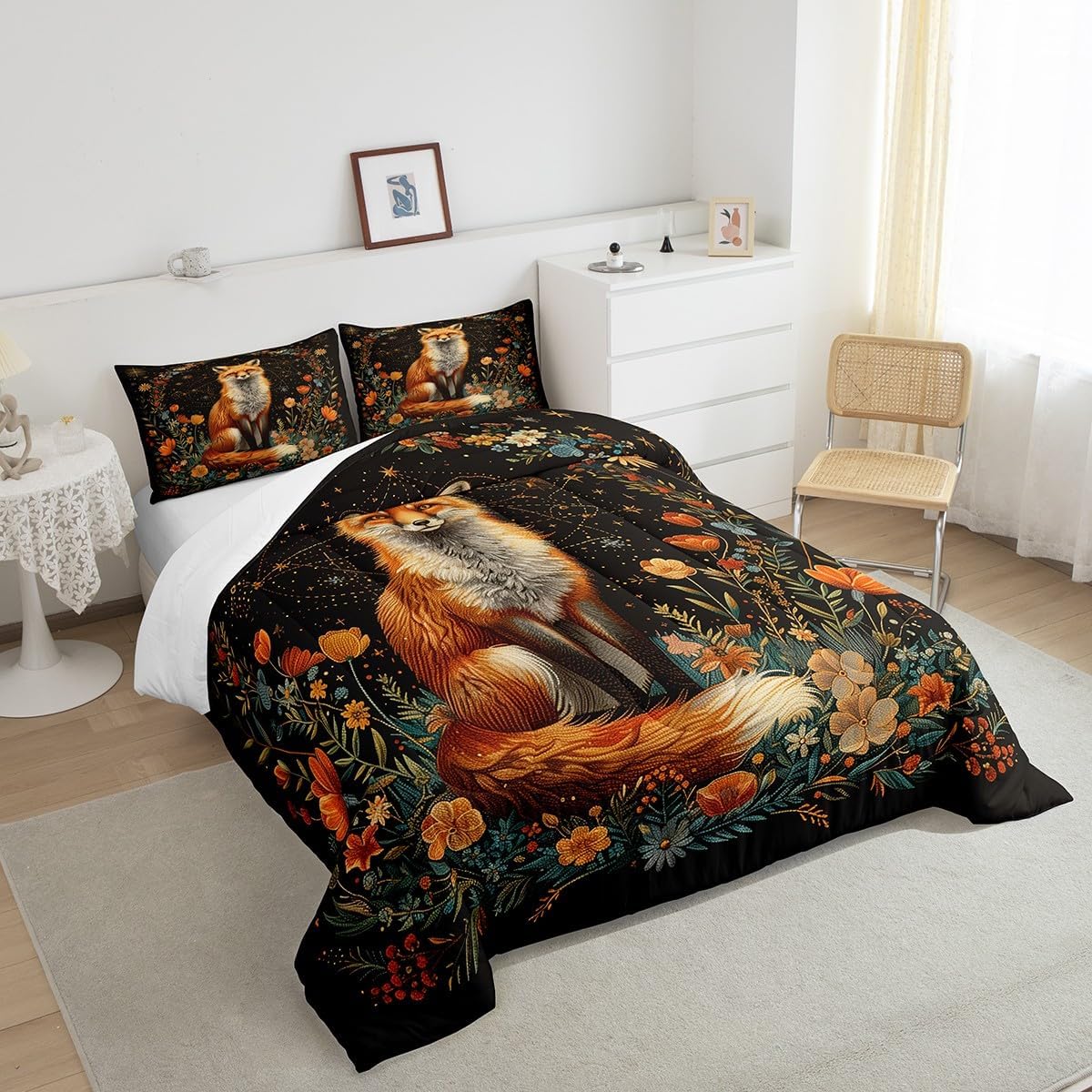 3D Fox Comforter Set Queen Size,Colorful Flower Green Leaves Bedding Set for Kids Boys Teens Girls Room Decor,Twelve Constellations Nature Plant Duvet Insert 3Pcs,Wild Animal Quilt Set,2 Pillowcases