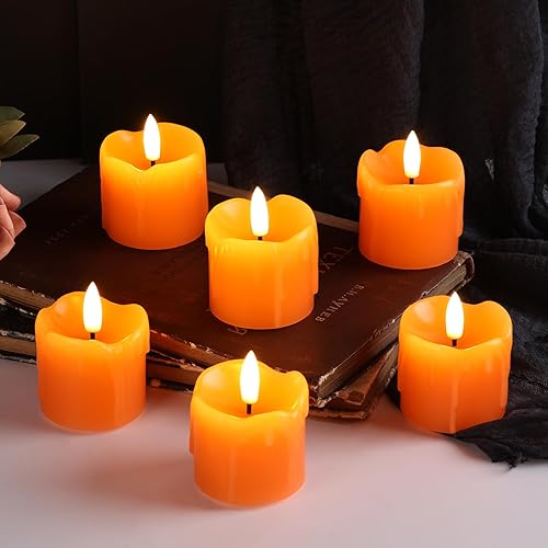 Miniatura 6 de Eywamage Velas votivas sin llama de Navidad naranja con pilas remotas, velas LED de cera goteante, juego de 6  2 pulgadas de alto