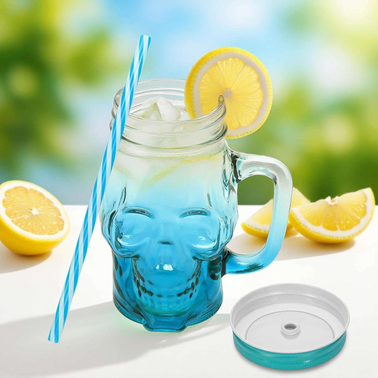 1Pc Skull Mason Jars with Handle, 16 Oz Glass Beer Mugs Gothic Wide Mouth Tumbler Cup with Straws and Lids, Novelty Pub Bar Mug Halloween Drinking Glasses for Beverage, Liquor, Mix Cocktail (1, Blue)
