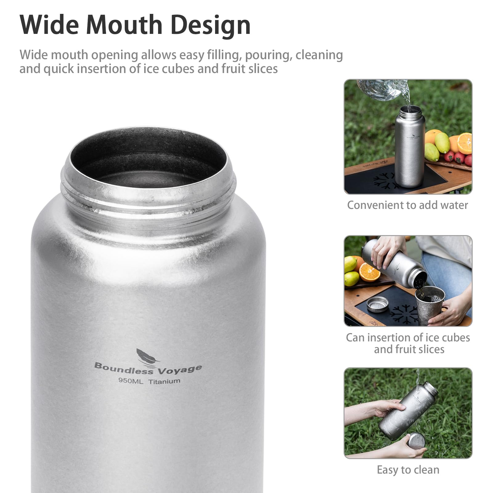 Boundless Voyage Ultraleichte Titan Trinkflasche Kristallisierte+ti lid | Breite Mund Flasche mit Leckage Cap & Aufbewahrungstasche Hydro Flasche für Klettern Rucksack Fitnessstudio Camping Travel