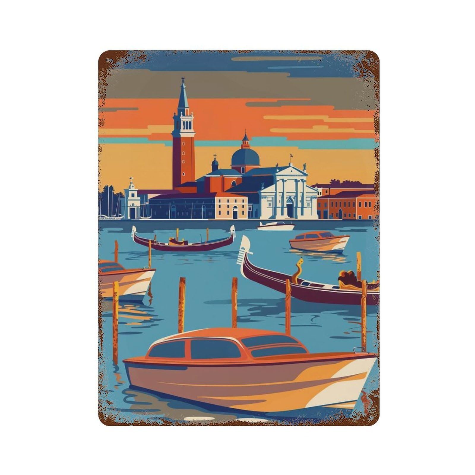 Venice Gondola Sunset Rustic Tin Plaque 15.7"x11.8", Ideal for Cafe, Home Bar And Lounge Decor