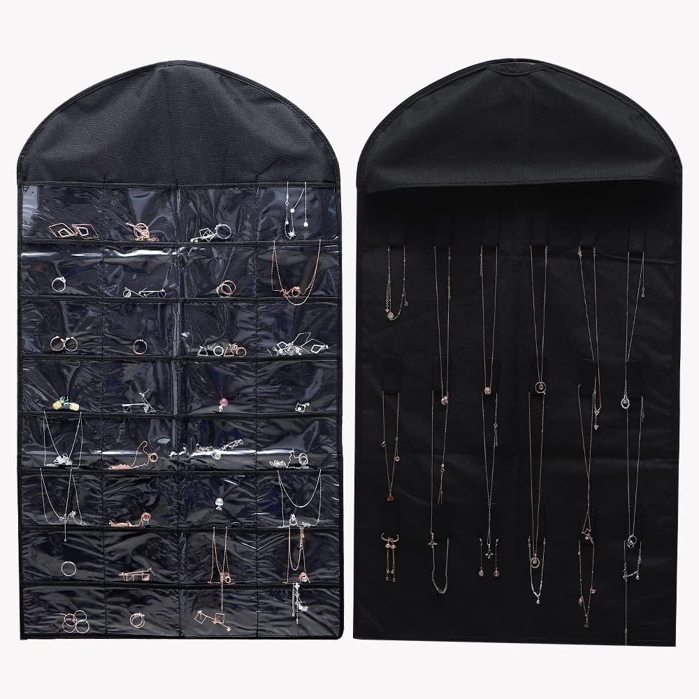 Hanging Jewelry Organizer with Pockets and 18 Hook & Loops, Closet Storage for Jewelry, Makeup, Bracelets, Earrings, Hair Accessories, Necklaces