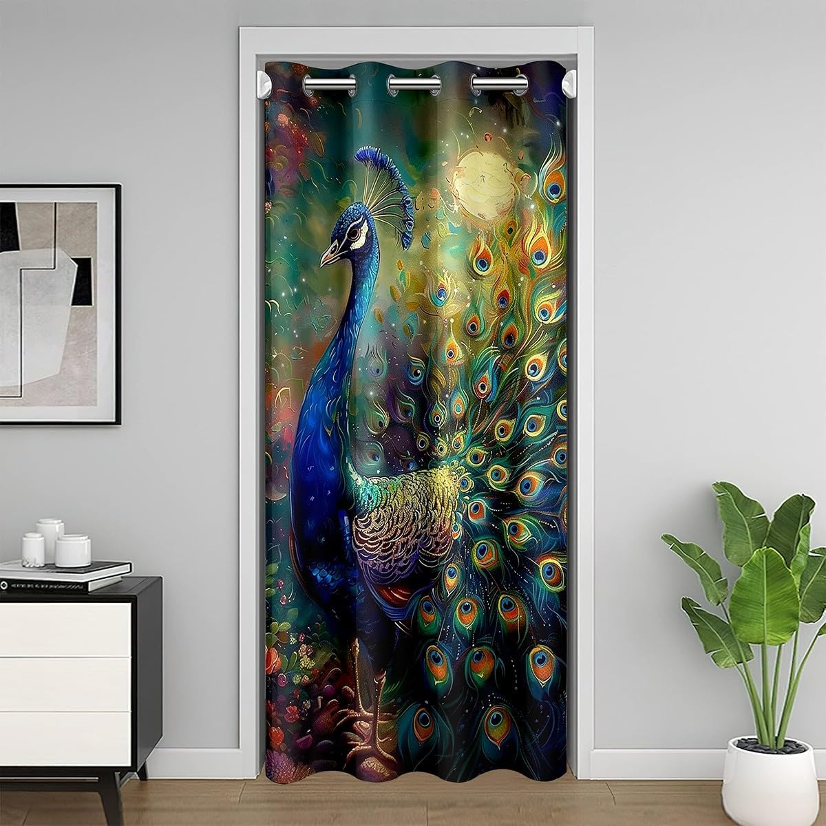 Wild Peacock Door Curtain Gorgeous Feathers Doorway Curtain Birds Animal Theme Darkening Blackout Curtain Oil Painting Flower Drape for Bedroom Privacy 1 Panel 60" W X 80" L