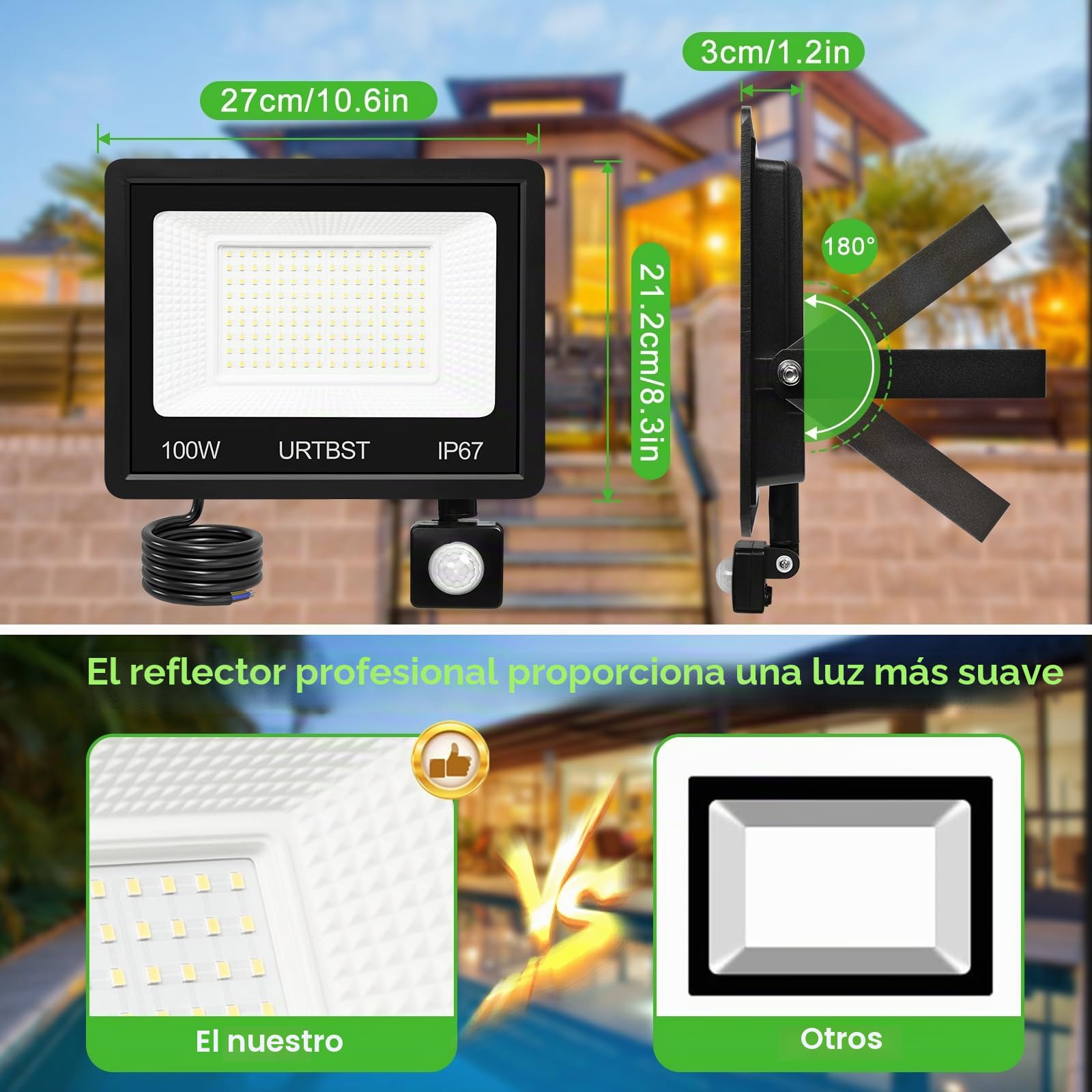1000W Focos LED Exterior con Sensor Movimiento,10000LM Proyector Led con Sensor de Movimiento,IP67 Impermeable,7000K Blanco Frío para Garaje,Jardín,Terraza (2 Piezas)