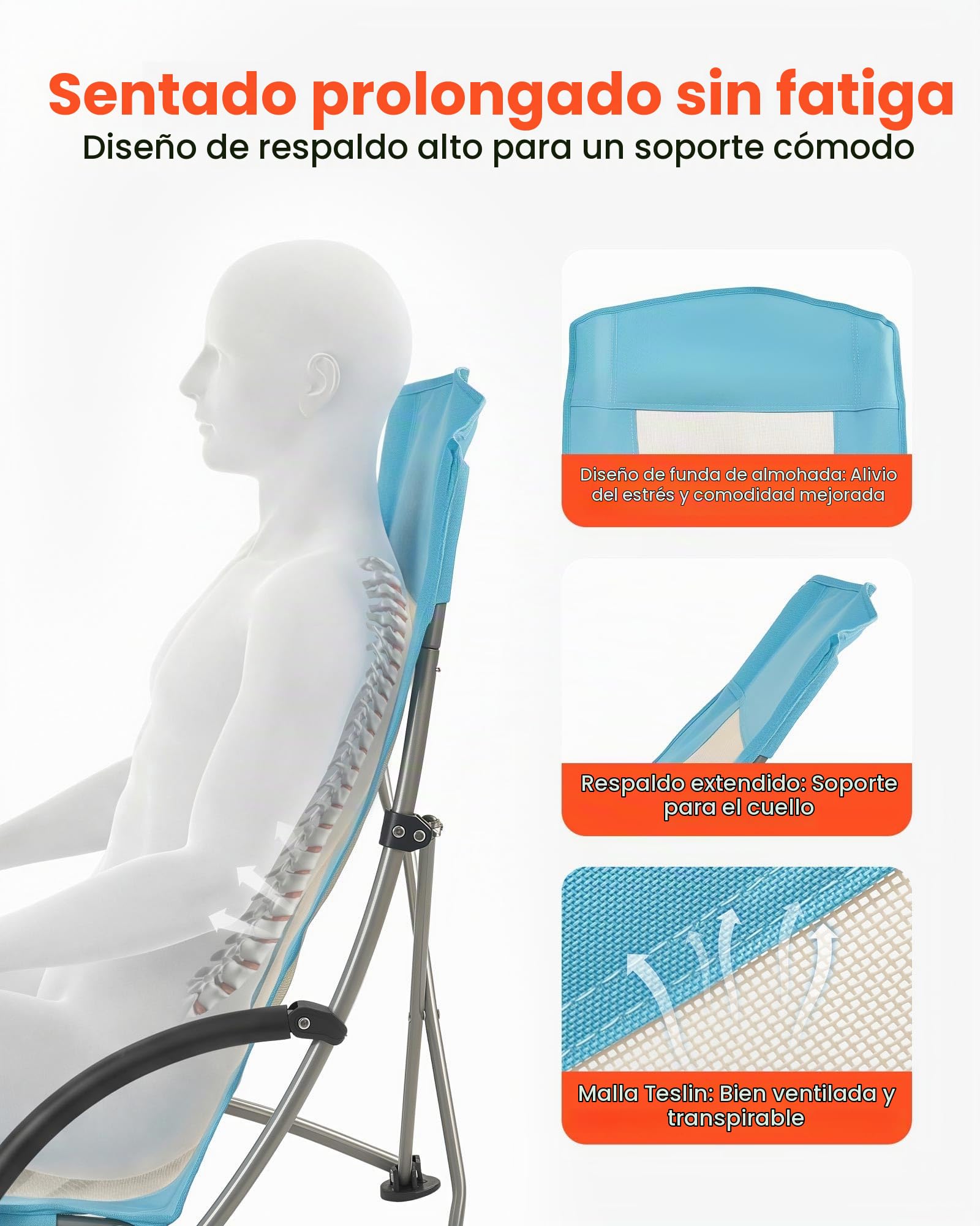 VEVOR Silla de Playa Plegable, Paquete de 2, Capacidad Máxima de 150 kg con Respaldo Alto de Malla, Almohada, Silla de Camping Portátil, Resistente con Portavasos para Exteriores Barbacoa Aire Libre