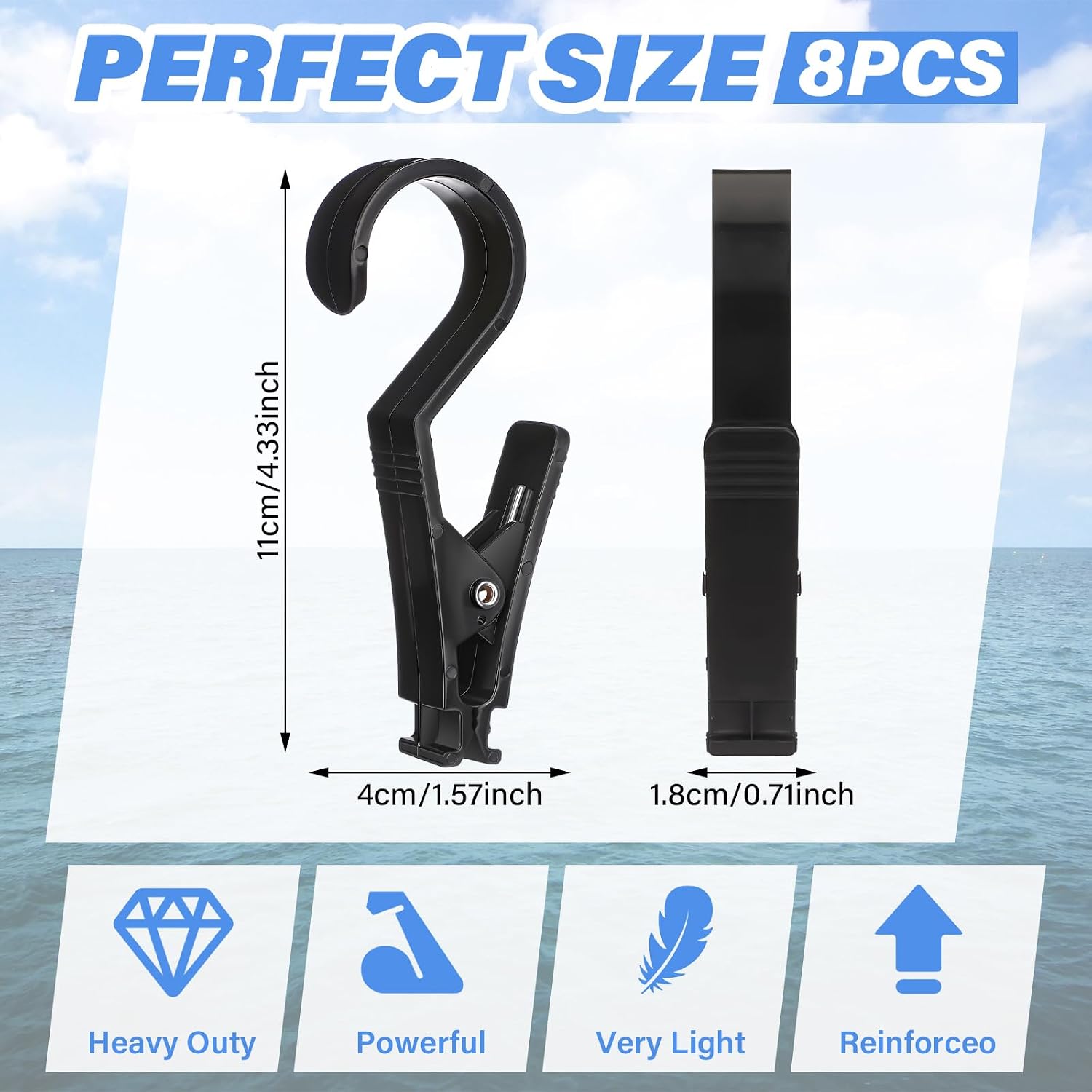 Hushee 8 Pack Pontoon Boat Towel Clips for Rail,Black,Hook | Marine Boat Rail Towel Clips, Storm Proof Clips Secure Towels, Beach Cruise Fishing Travel, Marine Pontoon Boat Accessories