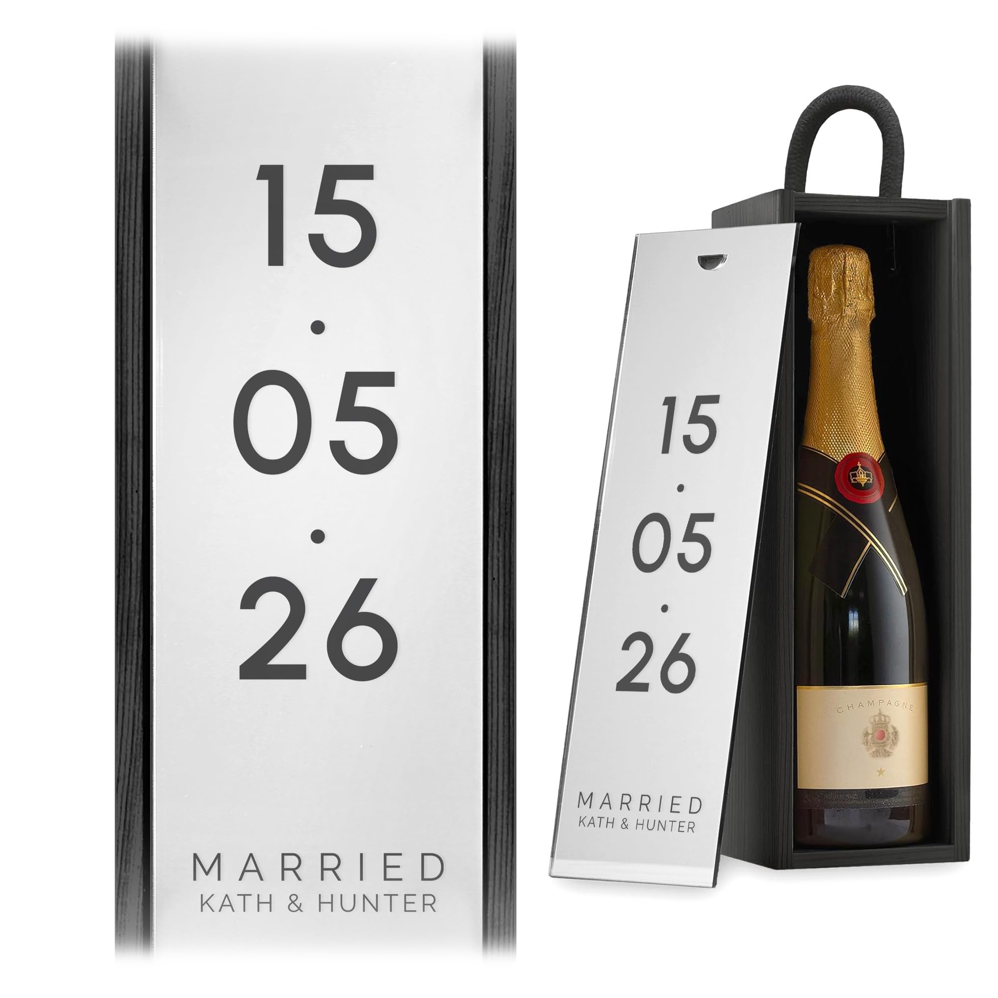 A1 Graphics Ltd Custom Date Wine Gift Box Engagement Custom Printed Personalised Wedding Present Retirement Valentines Anniversary Engagement Gift (Black Box/Silver Mirror Lid)