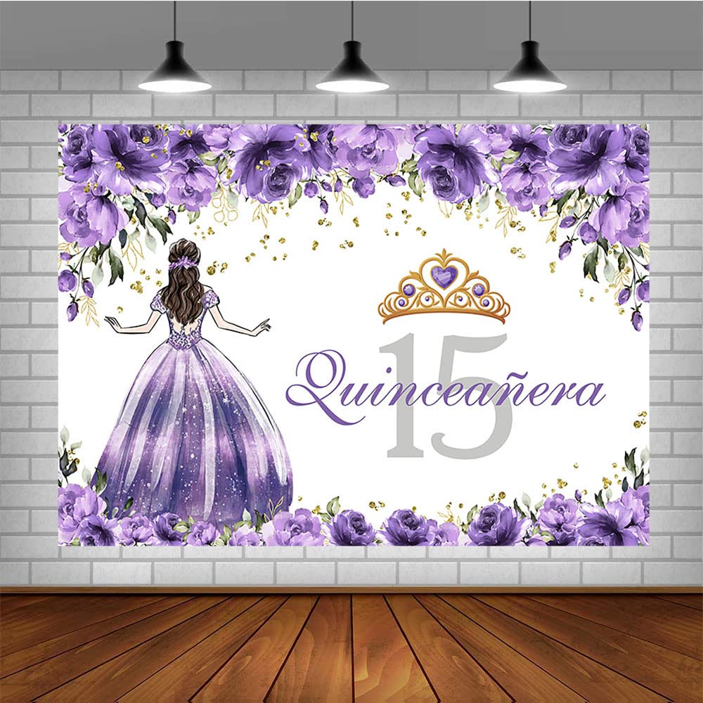 AOFOTO 7.2ft Round Birthday Backdrop - Purple Quinceanera Background For 15th 16th 18th Parties