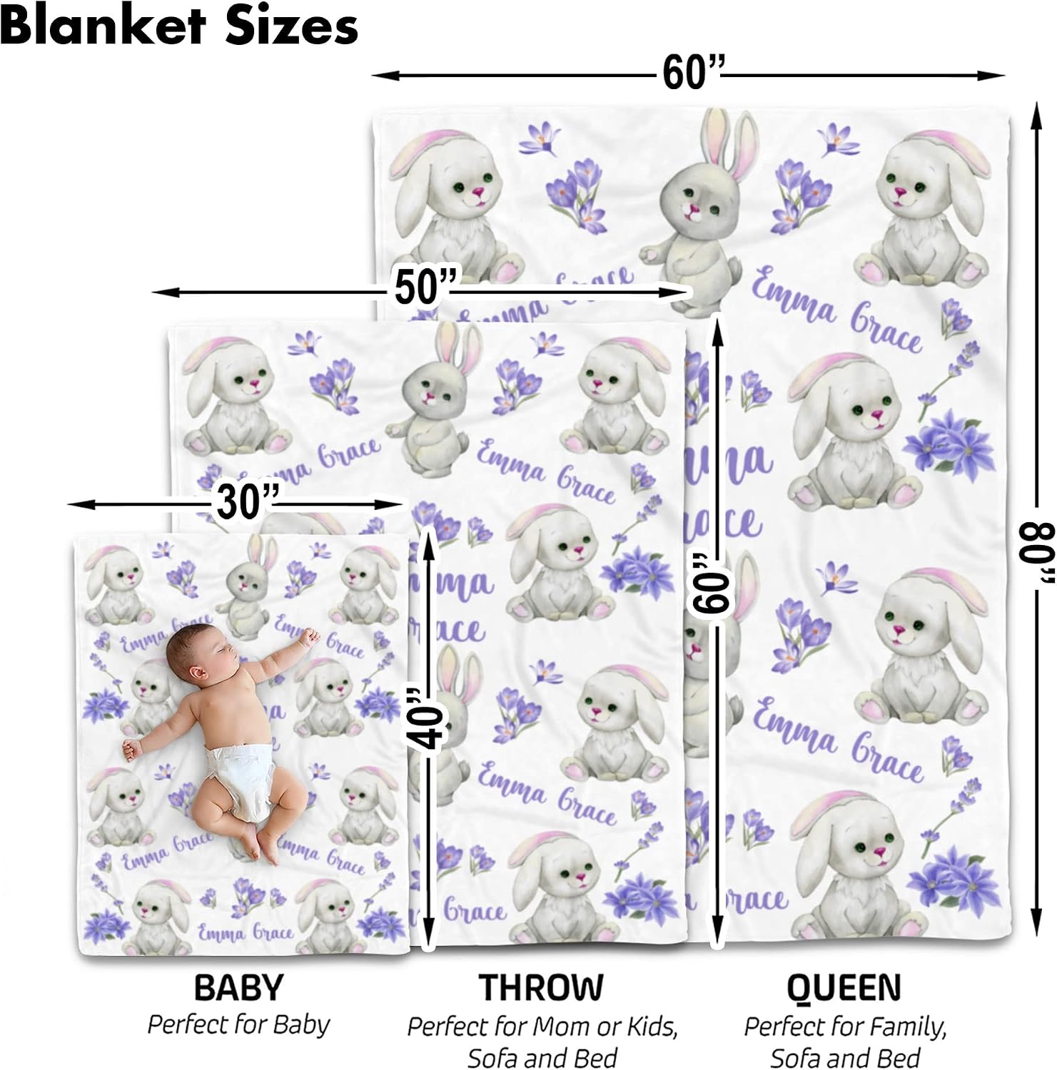 Personalized Rabbit Baby Blanket, Floral Swaddle Blankets Baby Girl, Animal Print Baby Blanket, Monogrammed Baby Blanket, Baby Blanket with Name, Baby Fleece Blanket, Sherpa Baby Blanket