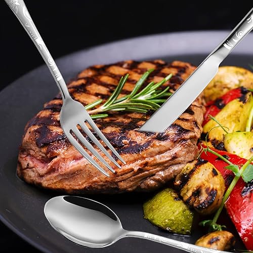 Miniatura 6 de Vilihkc Juego de cubiertos con diseño único de 20 piezas, juego de cubiertos de acero inoxidable para 4, juego de cubiertos plateados, juego de