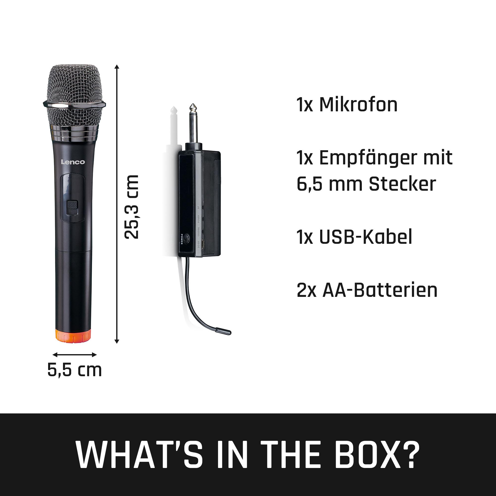 Lenco MCW-011 Kabelloses Mikrofon - Funkmikrofon mit Empfänger - 6,5mm Stecker - integrierter Akku mit 2000nAH - bis zu 15 Meter Reichweite - 863,5 MHz - Schwarz