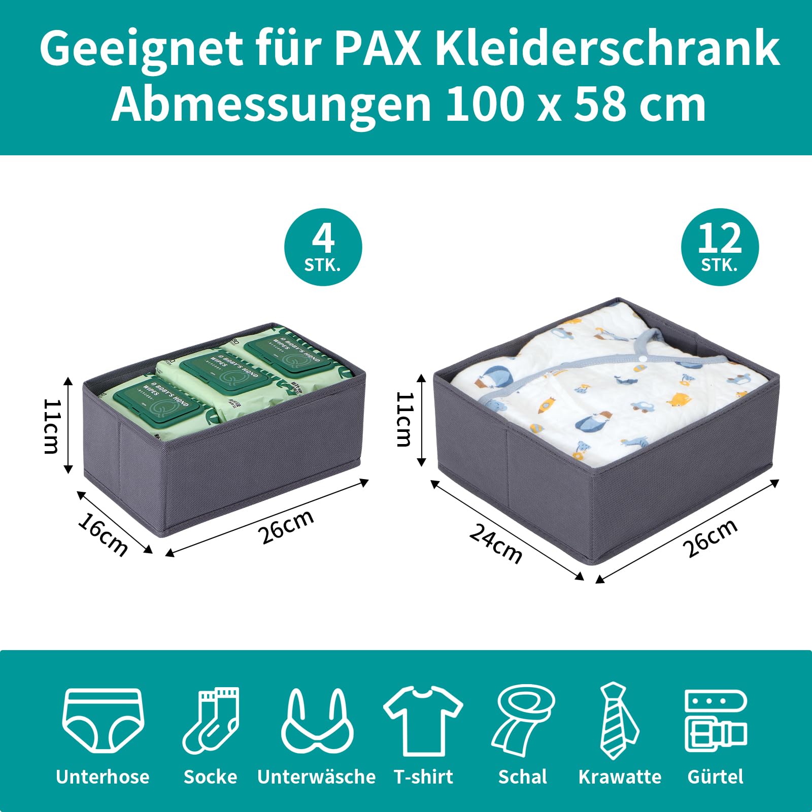 Juego de 16 cajones organizadores compatibles con armario PAX 100 x 58 cm, cajas de tela plegables con base estable para ropa, color gris