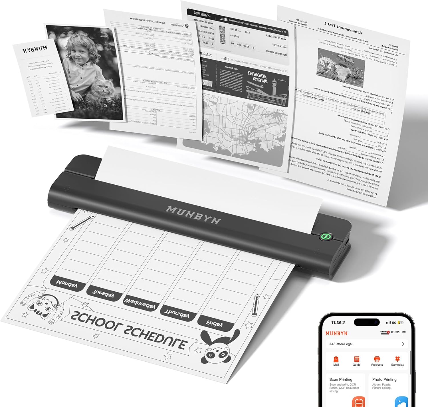 MUNBYN Portable Printer Wireless for Travel, Small Bluetooth Inkless Thermal Printer Support 8.5 x 11 US Letter & A4, Compatible with Laptop, macOS,Windows, Android & iOS for Car,Home Office & School