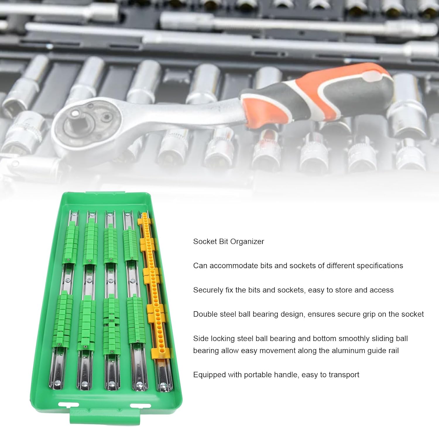 Yosoo Portable Socket Holder Versatile Socket Organizer Tray, Secure Tool Holding, Dual Bearing System, Portable Handle, Long Lasting, with Aluminum Rail, for Multi Functional Storage