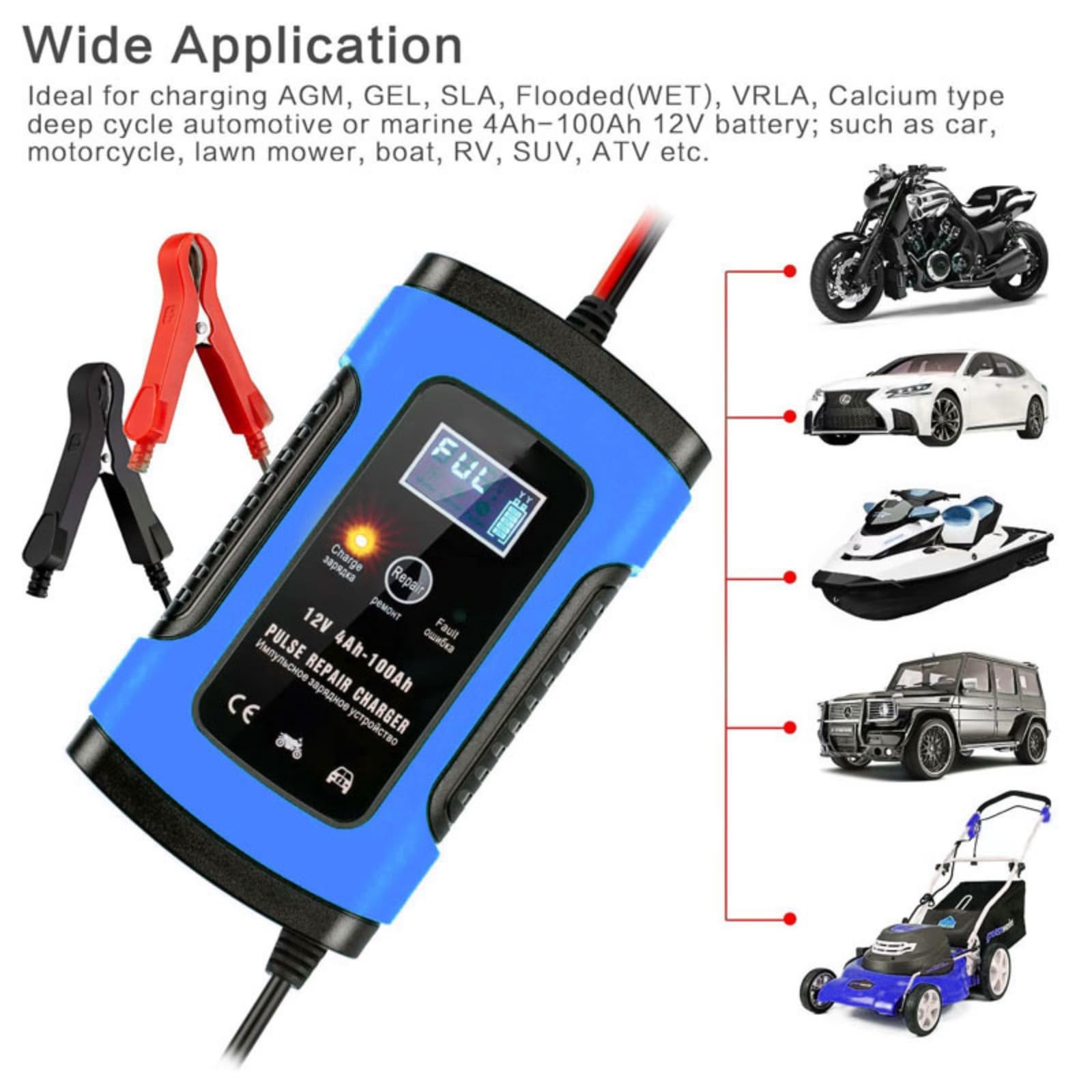 Cargador de batería de Coche Inteligente Totalmente automático con Enchufe UE de 12 V y 6 A, Cargador de Mantenimiento y reparación de pulsos para Coches, Motocicletas y embarcaciones