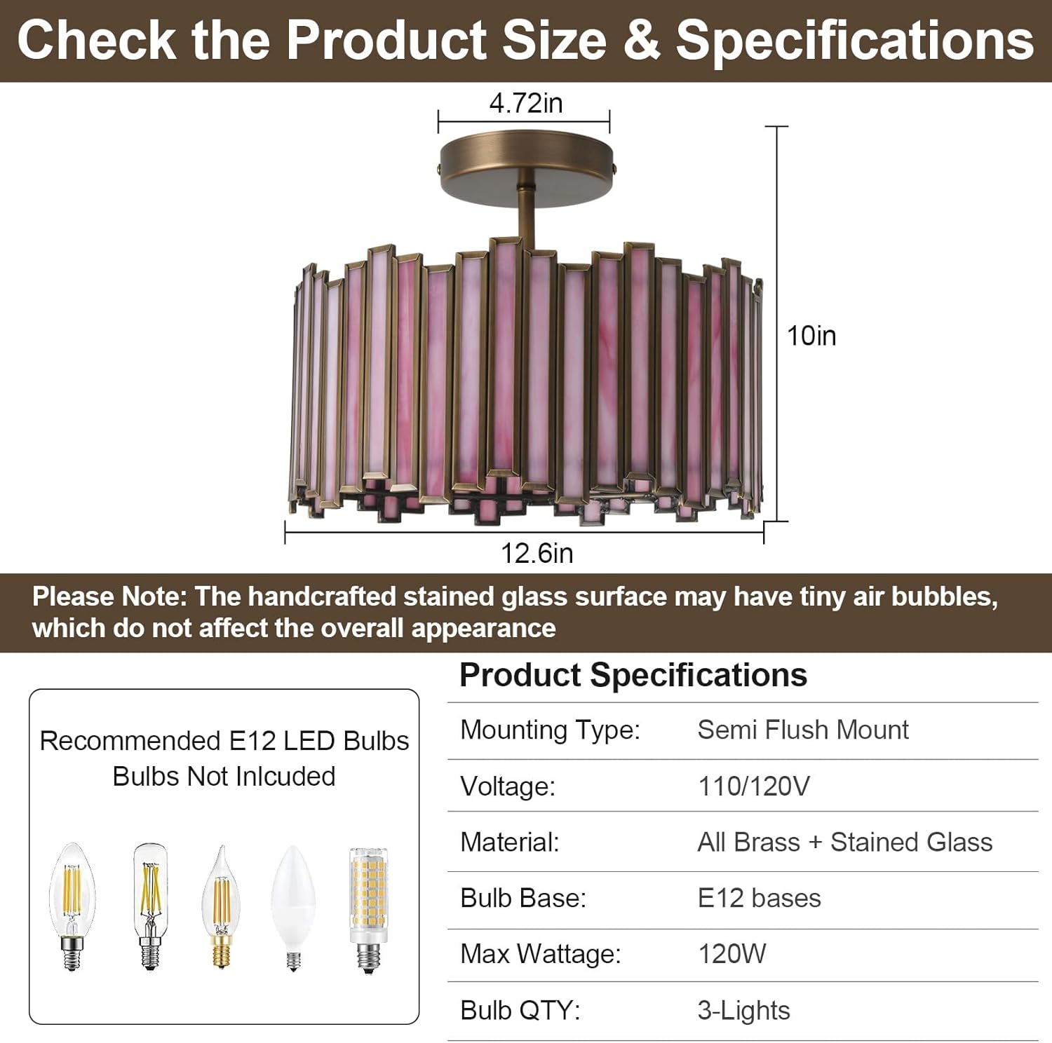 Brass Semi Flush Mount Ceiling Light, Antique 12.6in Drum Shape with Stained Glass 3-Light Vintage Ceiling Light Fixtures for Foyer Hallway Bedroom Kitchen (Pink & Bronze)