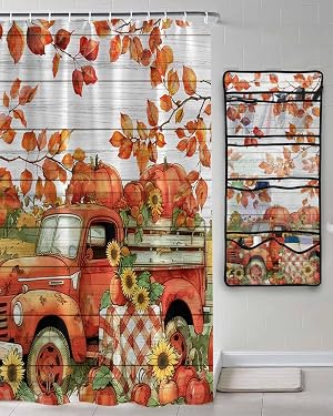 TocaHome Decorative Shower Curtain Sets Fall Wood Grain Fabric Shower Curtains Autumn Harvest Truck Pumpkin Sunflower Leaf Orange