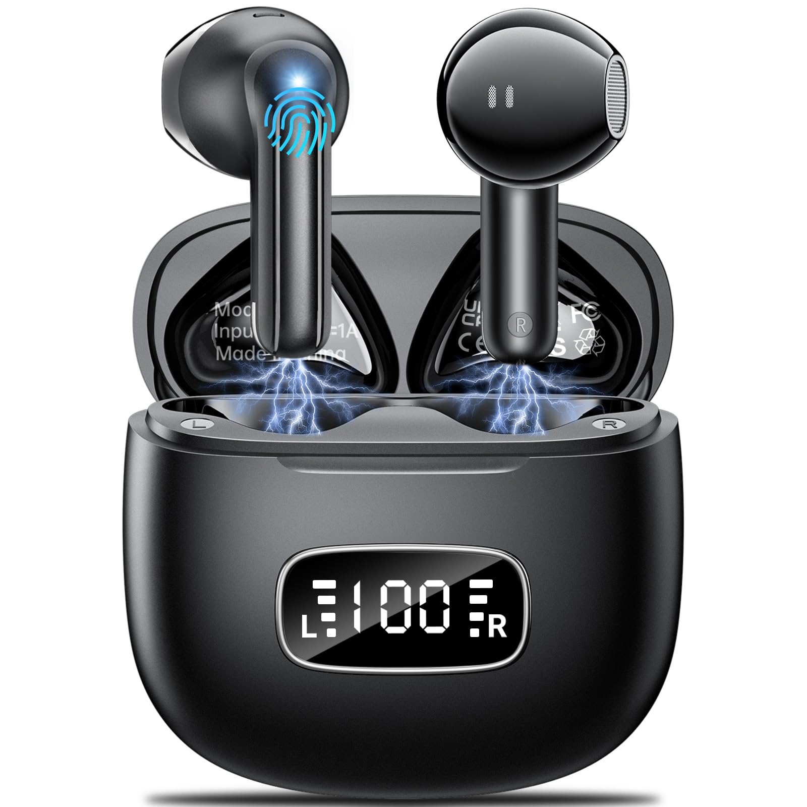 Ecouteurs Bluetooth sans Fil, Godyse Oreillette Bluetooth V6.0 avec 4 ENC Réduction Antibruit Mic IPX7 Étanche Écran LED 42H Durée HiFi Stéréo Ecouteur Pour Courir/Sport/Travail pour iOS Android, Noir