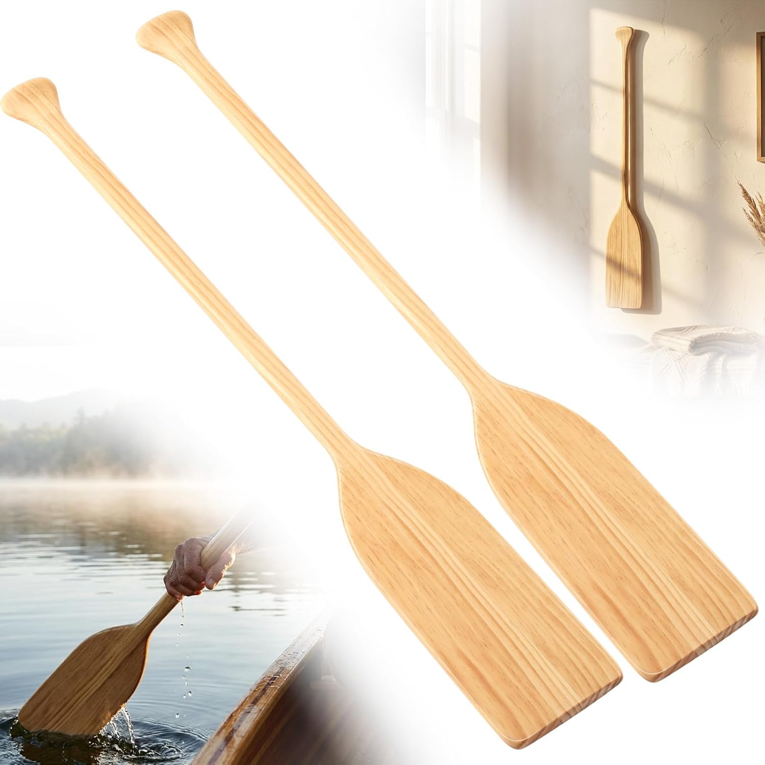 2 Pcs 2.5-4ft Wooden Canoe Oar Paddle, 30-48'' Solid Pine Paddle Canoe, for Kayak Small Boat Water Sports Home Wall Decoration Gift for Outdoor Enthusiast