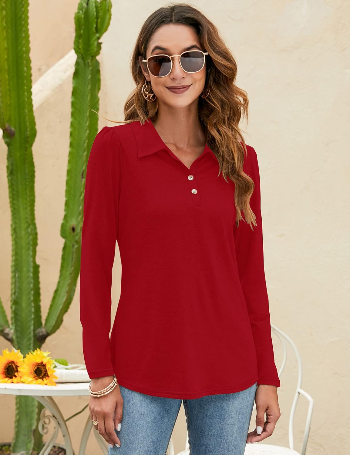 LOMON Womens Polo Shirts Button Down Collared Long Sleeve Tops V Neck Loose Blouses - Image 2