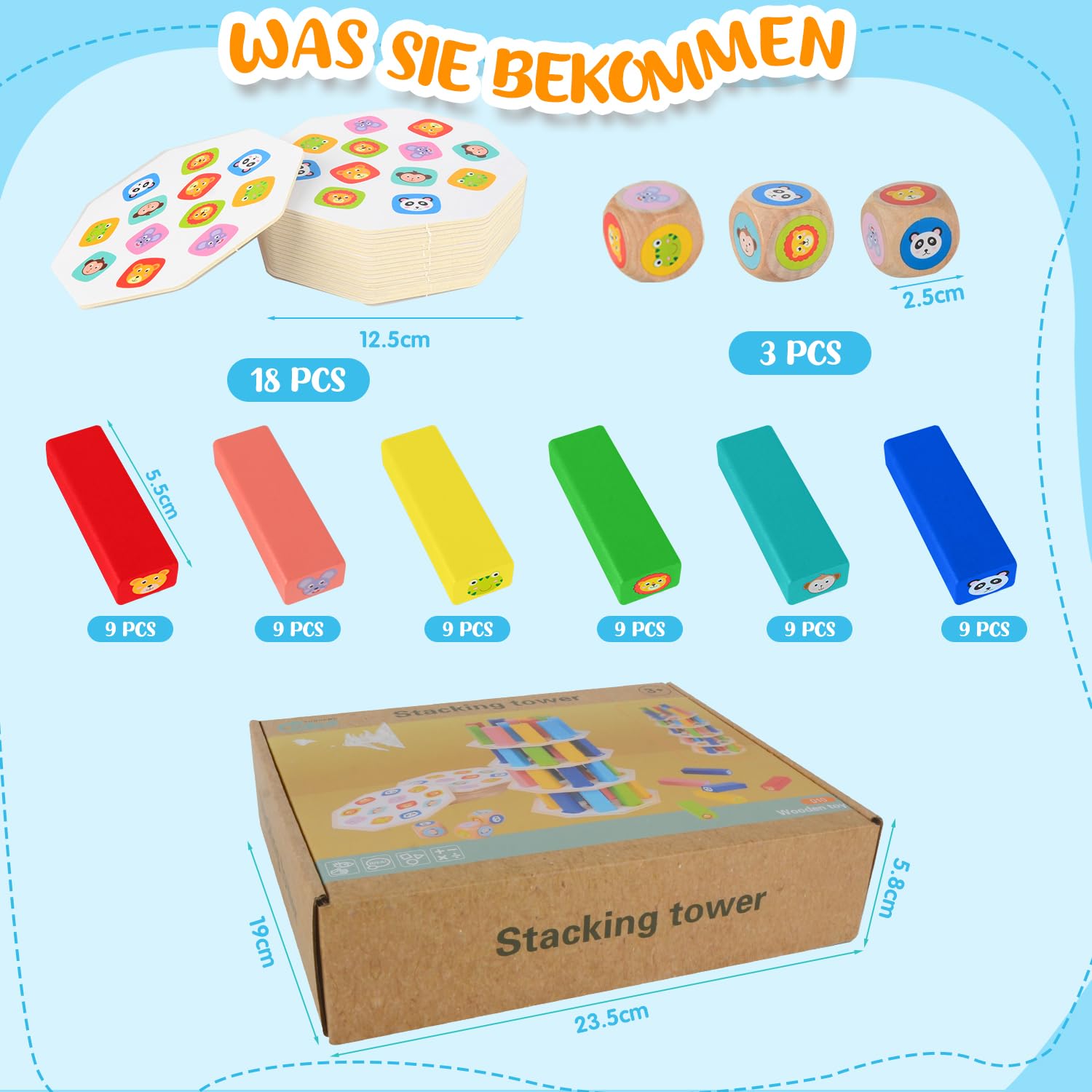 Torre de Bloques de Madera 4 en 1, Juguete Montessori de Equilibrio y Habilidad, Juego de Mesa Familiar y de Viaje, Juego Educativo Regalo para Niños y Niñas de 3 a 9 años