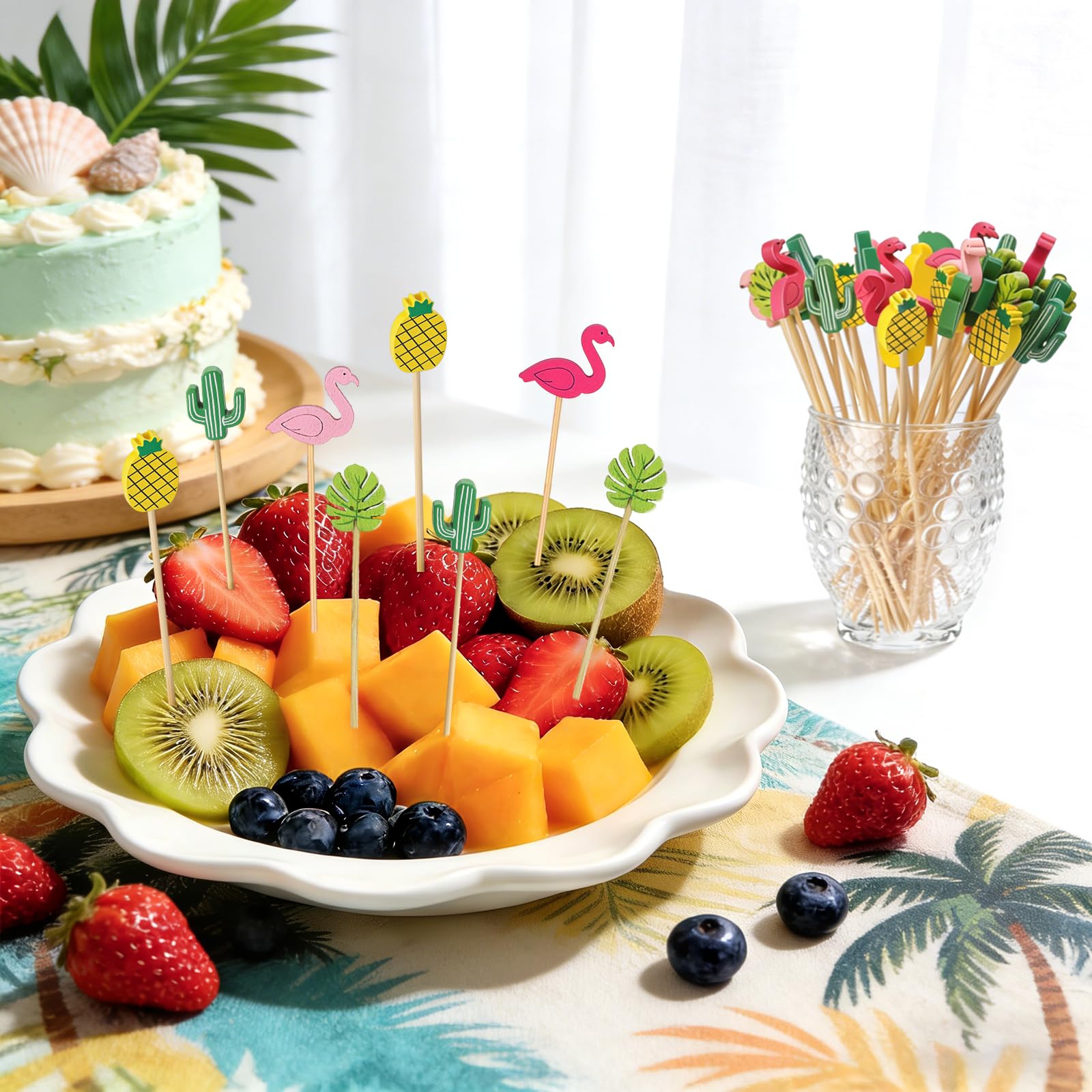 100 Palillos para Aperitivos Verano, Pinchos para Aperitivos Hawai, Palillos de Cóctel de Madera, Decoraciones Cócteles Graciosos, Decoración de Fiestas para Fruta, Postres, Tartas (Farbe-A)