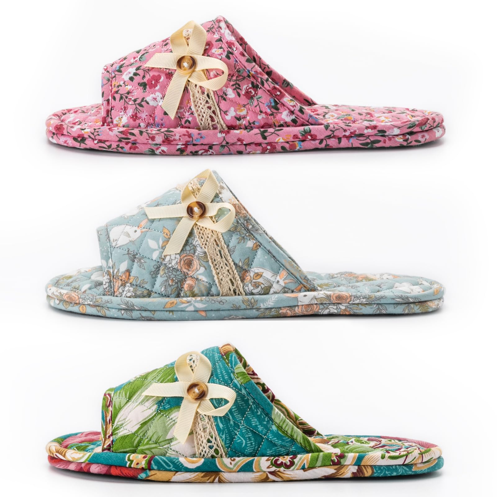 3 Paar Hausschuhe aus Baumwolle mit Blumenmuster für Damen, offener Zehenbereich, bequem, waschbar, tragbar, faltbar, für Gäste, Reisen, Hotel, Flugzeug, Spa
