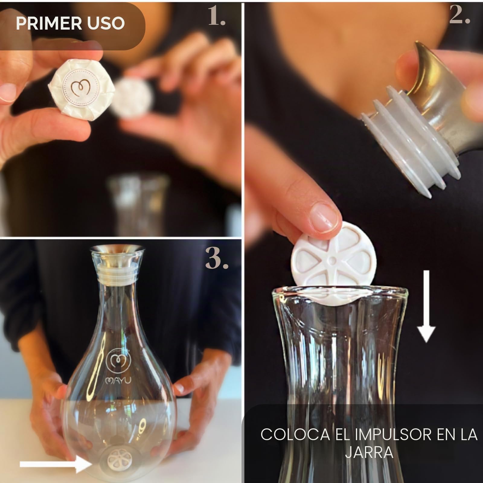MAYU, Jarra de agua de vidrio de repuesto diseñada para dispositivos de agua estructurados en remolino, 1.5 litros, vidrio de borosilicato 100% grado A, apto para lavavajillas, base de remolino no