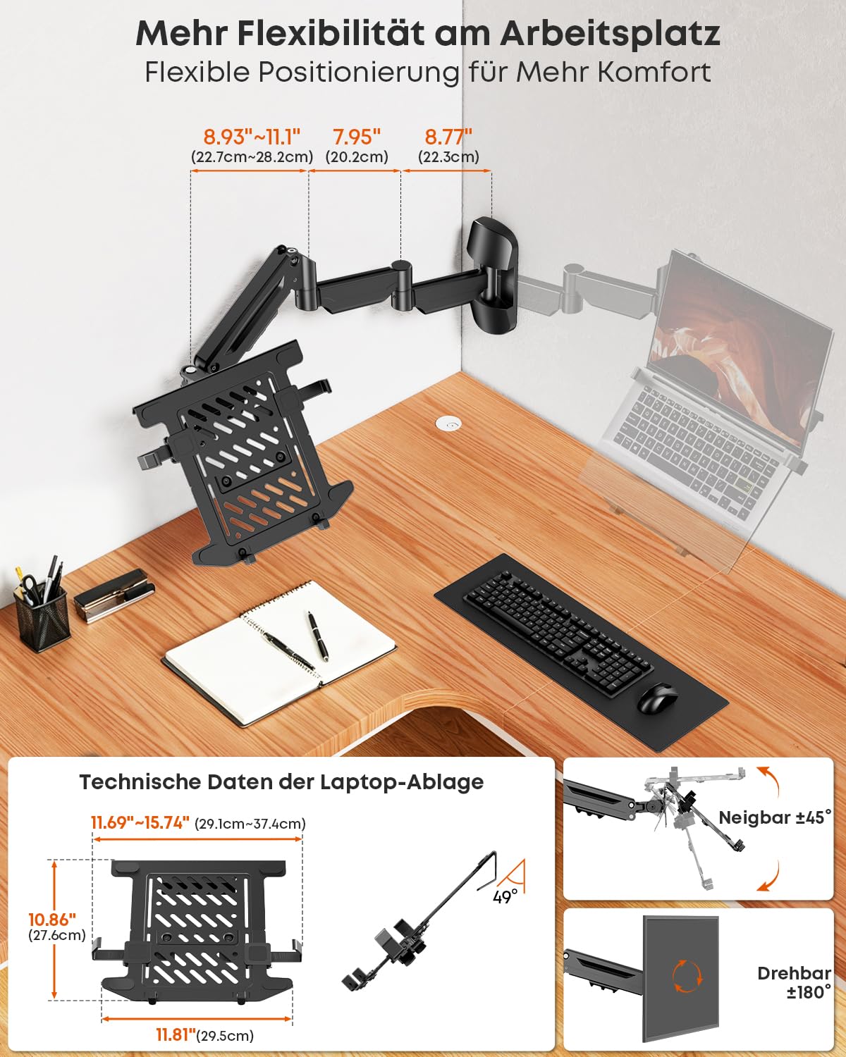 PUTORSEN Extra Lange 2-in-1 Laptop-Wandhalterung mit Abnehmbarer Ablage, 76,9 cm Gasfeder-Monitorarm, höhenverstellbar für 12–17 Zoll Laptops und 13–32 Zoll Monitore, belastbar bis 9 kg, Schwarz