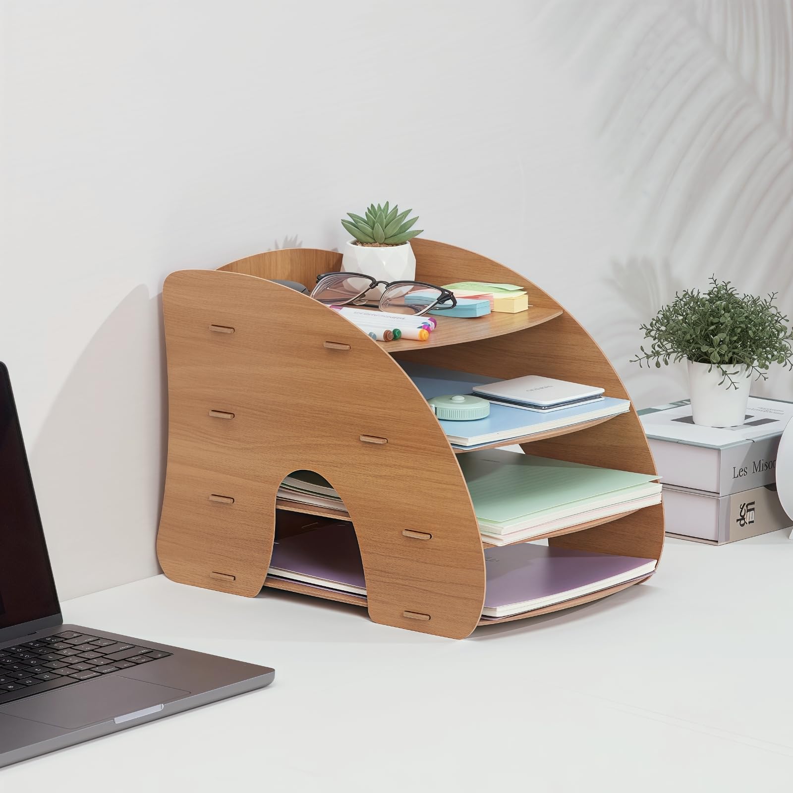Tonsmile Organizer da Scrivania 4 Livelli, Portadocumenti in Legno MDF per A4, Organizzatore Documenti per Ufficio