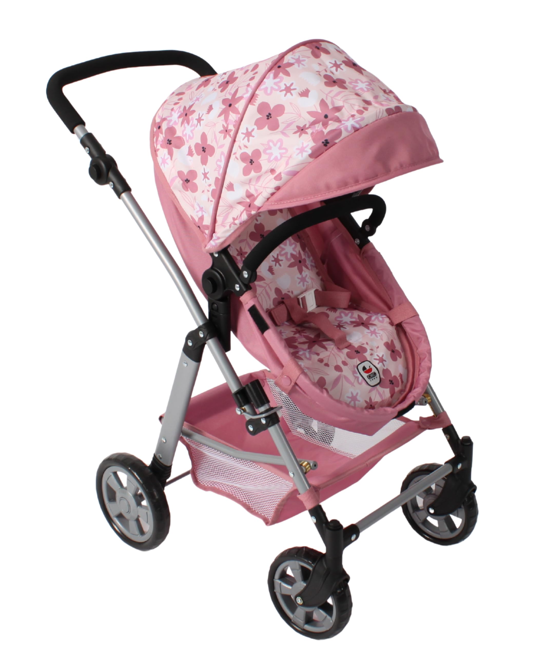 Bayer Chic 2000 Puppenwagen Nele | 2in1 Kombi-Buggy Flowers Rosa | Großer 2in1 Kombi-Puppenwagen mit umwandelbarer Wanne für Puppen bis 50 cm. Flowers Rosa, extra hoher Griff 45-84 cm.