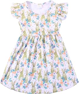 Easter Toddler Kids Girls Dress Bunny Eggs Flutter Sleeve Outfits 3-8Y