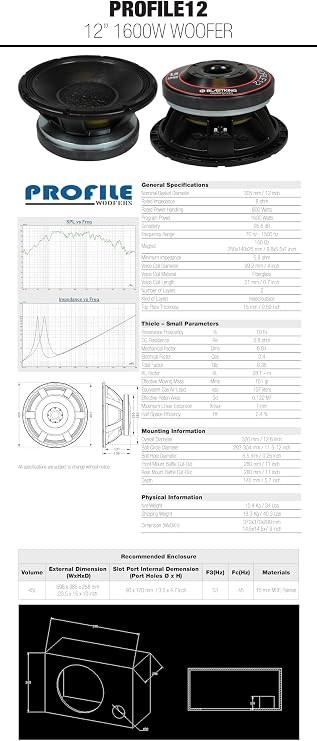 Blastking PROFILE12 12 1600W High Output Woofer 800W RMS, 4 Voice Coil, 8 , 95.6 dB, Forced-Air Cooling Pro Audio Driver for Reflex or Horn Cabinets