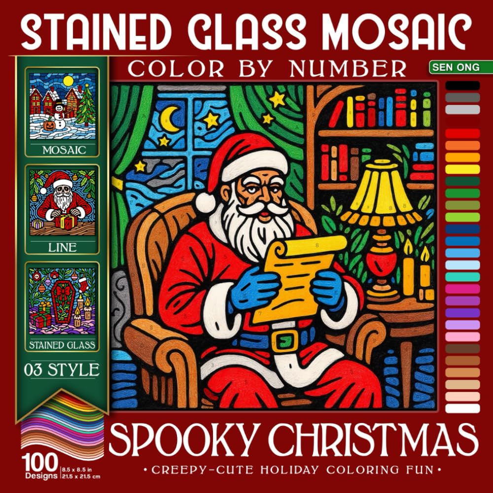 Spooky Christmas Stained Glass Mosaic Color By Number: 100 Creepy Cute Holiday Designs for Coloring Fun