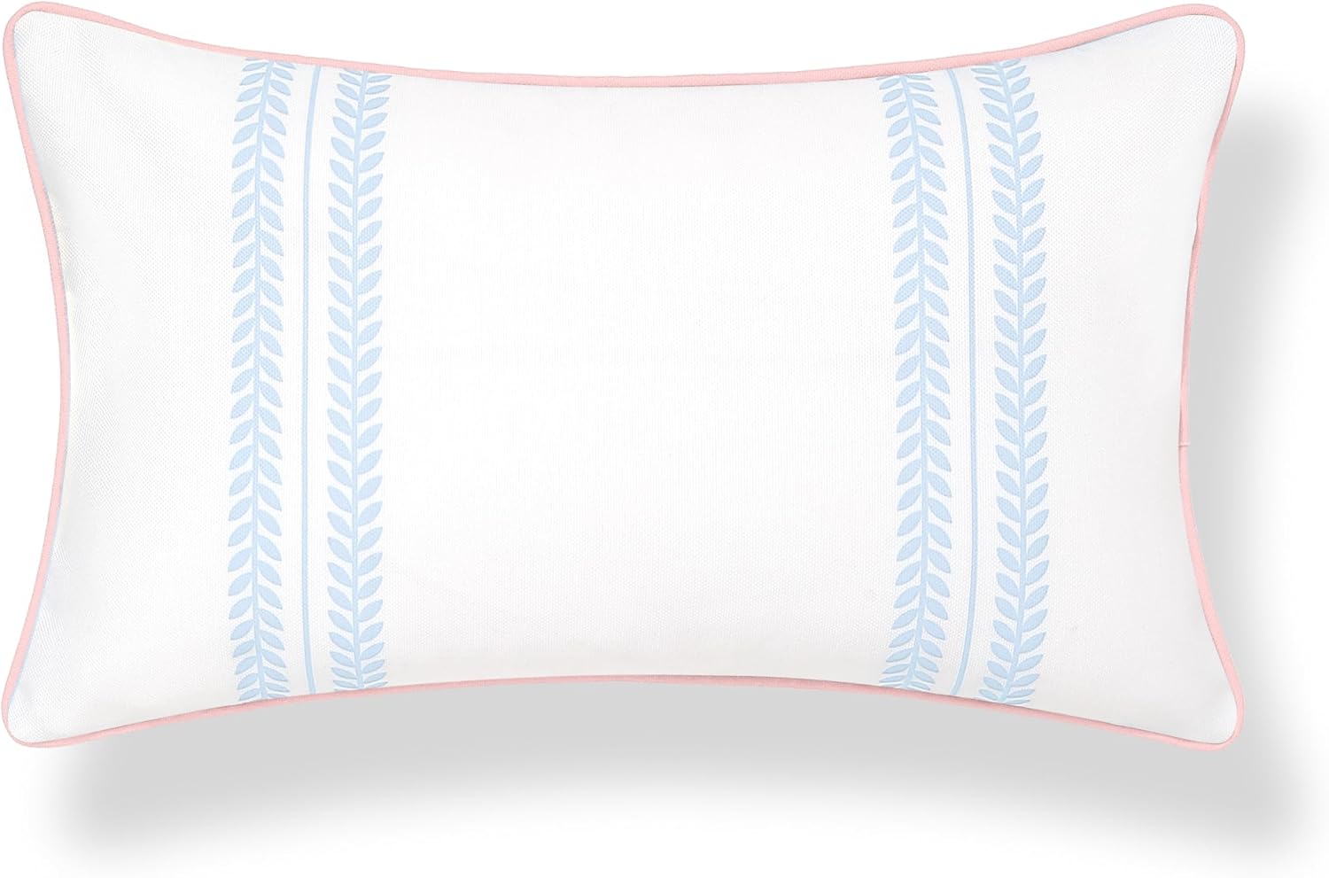 Hofdeco Premium Coastal Grandmillennial Patio Indoor Outdoor Lumbar Pillow Cover Only, 12"x20" Water Repellent for Backyard, Couch, Poolside, Baby Blue Pink Print Leaf Striped
