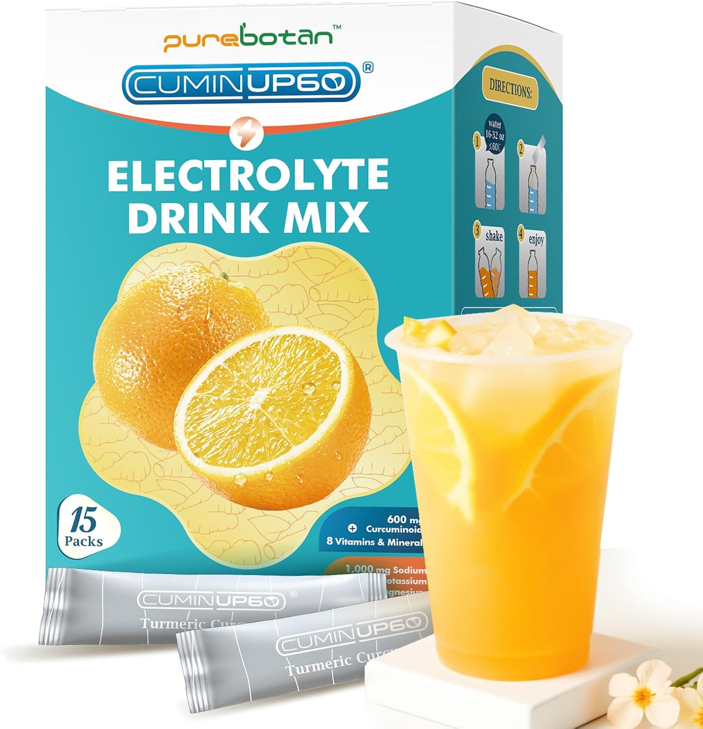 Hydration Packets Sugar Free, Orange Flavor Electrolytes Powder Packets, Turmeric Electrolyte Drink Mix w/Curcumin, Vitamin, Minerals & Inulin, Support Immune & Recovery, Muscle & Gut Health