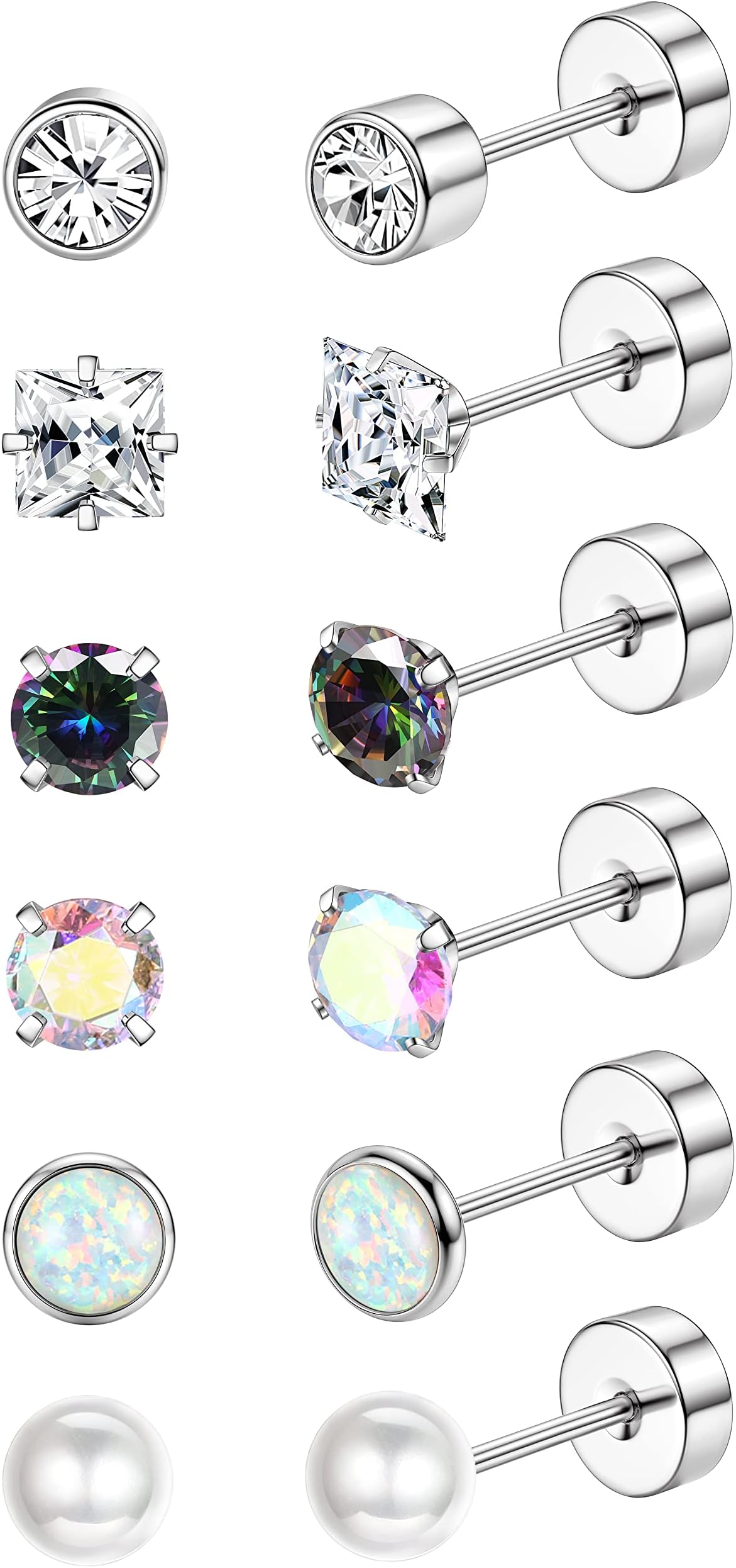 FIASASO6Pairs Flatback Surgical Stainless Steel Stud Earrings for Women Men CZ Opal Pearl Screw Back Earrings Cartilage Earrings Sleep Hypoallergenic Earrings for Sensitive Ears