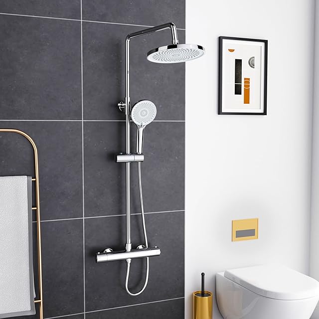 MORADO Thermostatic Shower Mixer SetThermostatic Shower SystemAdjustable Height Shower Mixer Bar Set for Bathroom,Multifunctional Handheld Shower Unit, Thermostatic Shower Set, Chrome,Round Shape