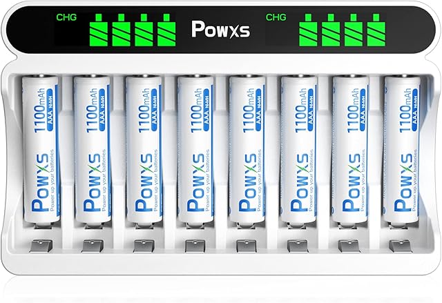 POWXS 8 Slot LCD Battery Charger for Rechargeable Batteries AA AAA , 5V 2A Fast Charging Function, with 8 x 1100mAh AAA Rechargeable Batteries - Type C and Micro USB Input, Battery Charger Set