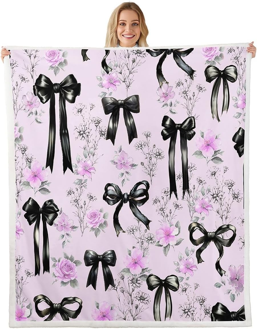 Black Bow Tie Fleece Blanket Boho Flowers Pink Floral Sherpa Blanket 30"x40" | Princess Bow Girly Dreamy Ribbon Bowknot Fuzzy Plush Throw,Cute Room Decor Aesthetic Kawaii