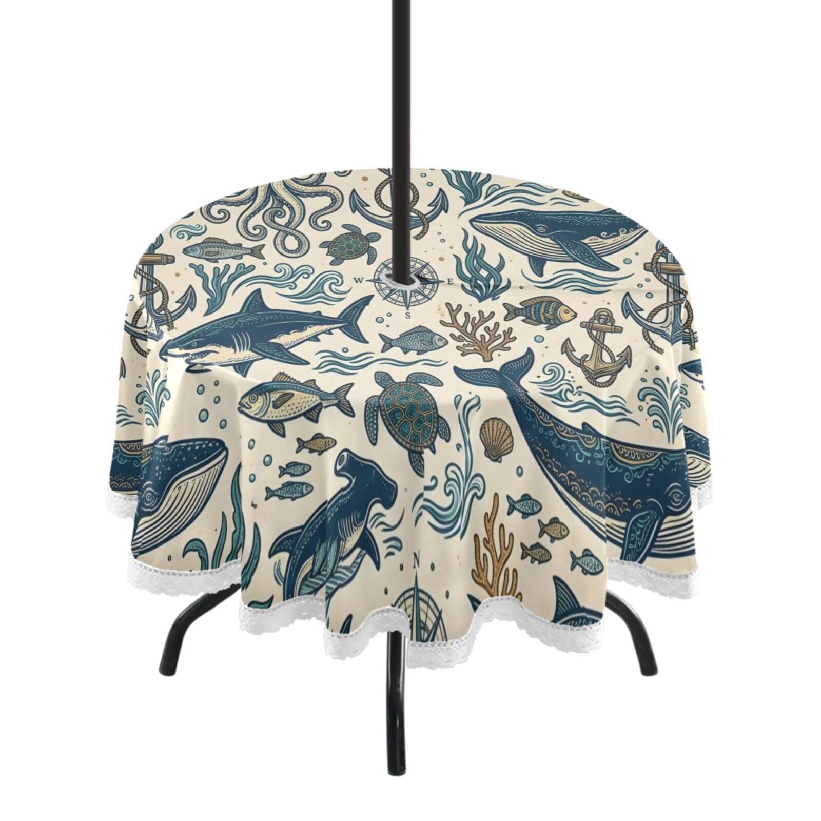Ttgoth Whales Outdoor Table Cloth 152 cm Water Stain & Resistan Tablecloth Wipeable Table Cover with Parasol Hole & Zipper for Garden Patio Party Picnic