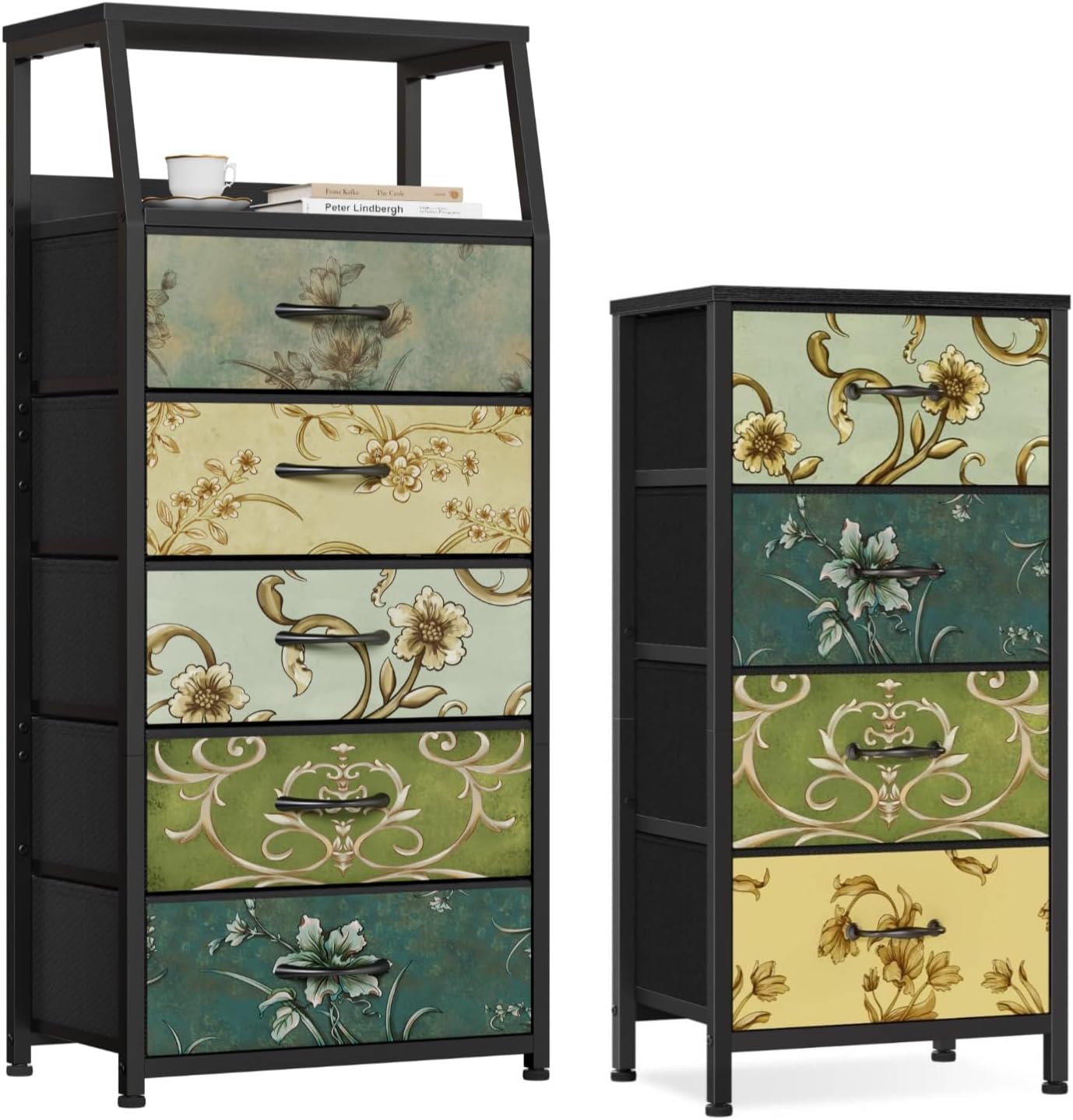 Furnulem Retro Dresser with Drawers, Vintage Storage Organizer Unit with Fabric Bins for Bedroom, Living Room, Closet, Nusery, Dorm, Entryway, Bedside Furniture, Sturdy Metal Frame, Wood Top