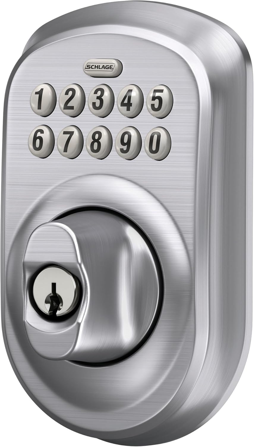 Schlage BE365 PLY 626 Plymouth Keypad Deadbolt, Electronic Keyless Entry Lock, Satin Chrome