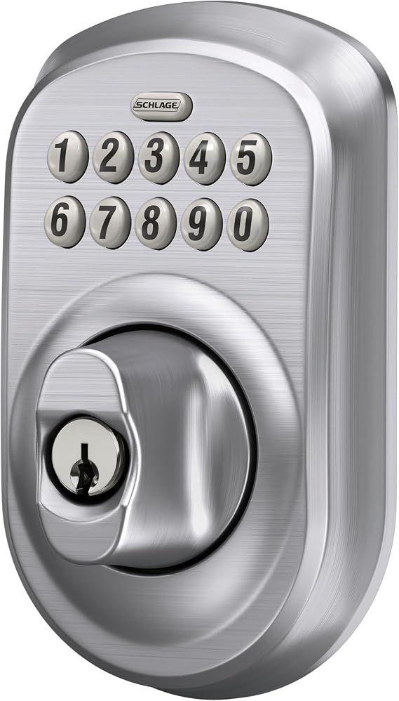 Schlage Plymouth Electronic Keypad Deadbolt Lock, Keyless Front Door Entry, Mechanical Key Backup Included, Satin Chrome, BE365 PLY 626 | Keyless entry door lock, Push button keypad deadbolt, Key backup included, Certified security, Easy install, BE365