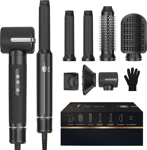 Blow Dryer Brush 7 in ONE,Autowrap Curling Wand, 110,000 RPM High-Speed Negative Ionic Hair Dryer with Diffuser Concentrator, Round Brush Blow Dryer Air Styler, Volumizing Hair Styling Tools