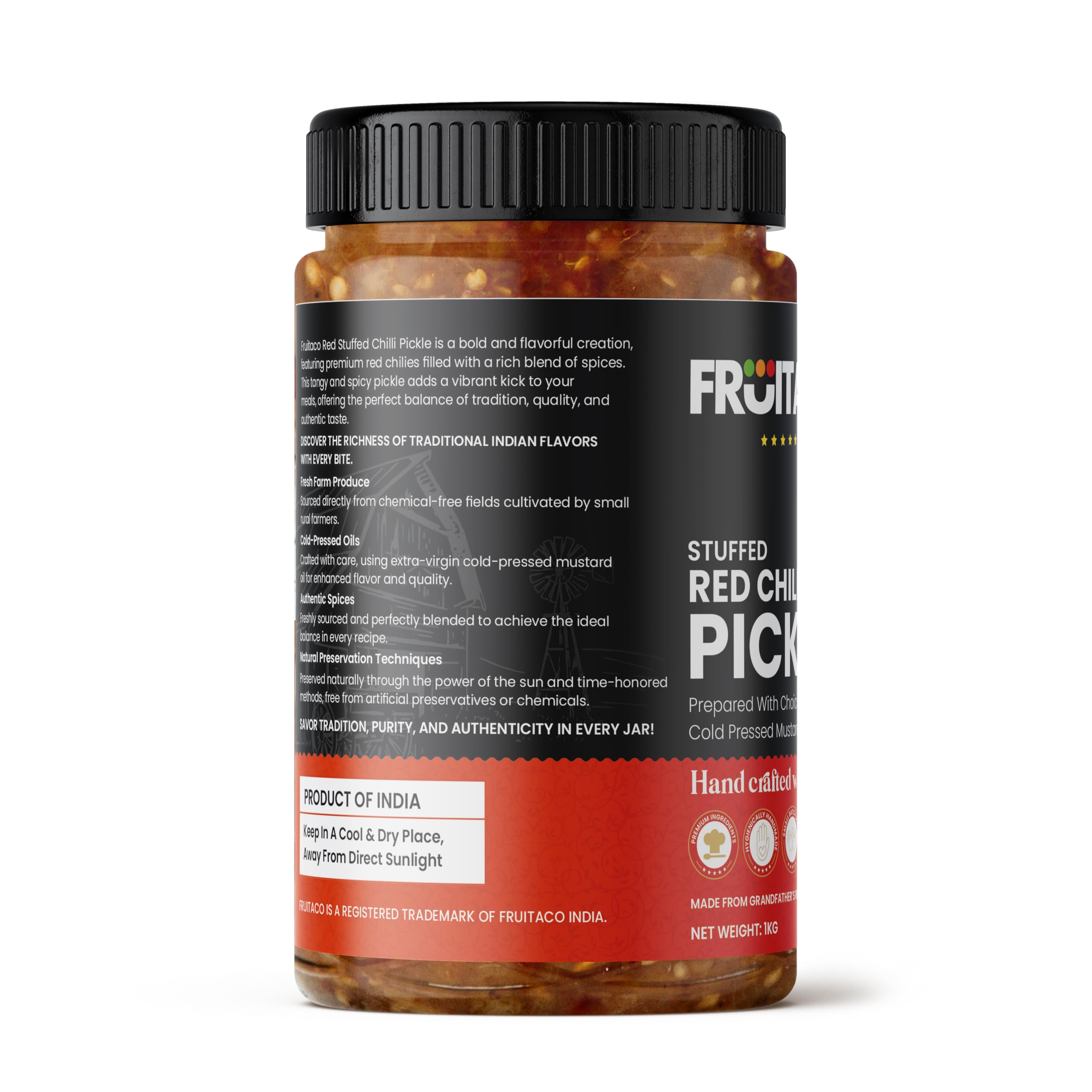 Fruitaco Stuffed Red Chilli Pickle – Authentic Indian Pickle with Tangy and Spicy Flavor | Perfect Side for Meal (1 Kg, Stuffed Red Chilli Pickle) - Image 5 thumbnail