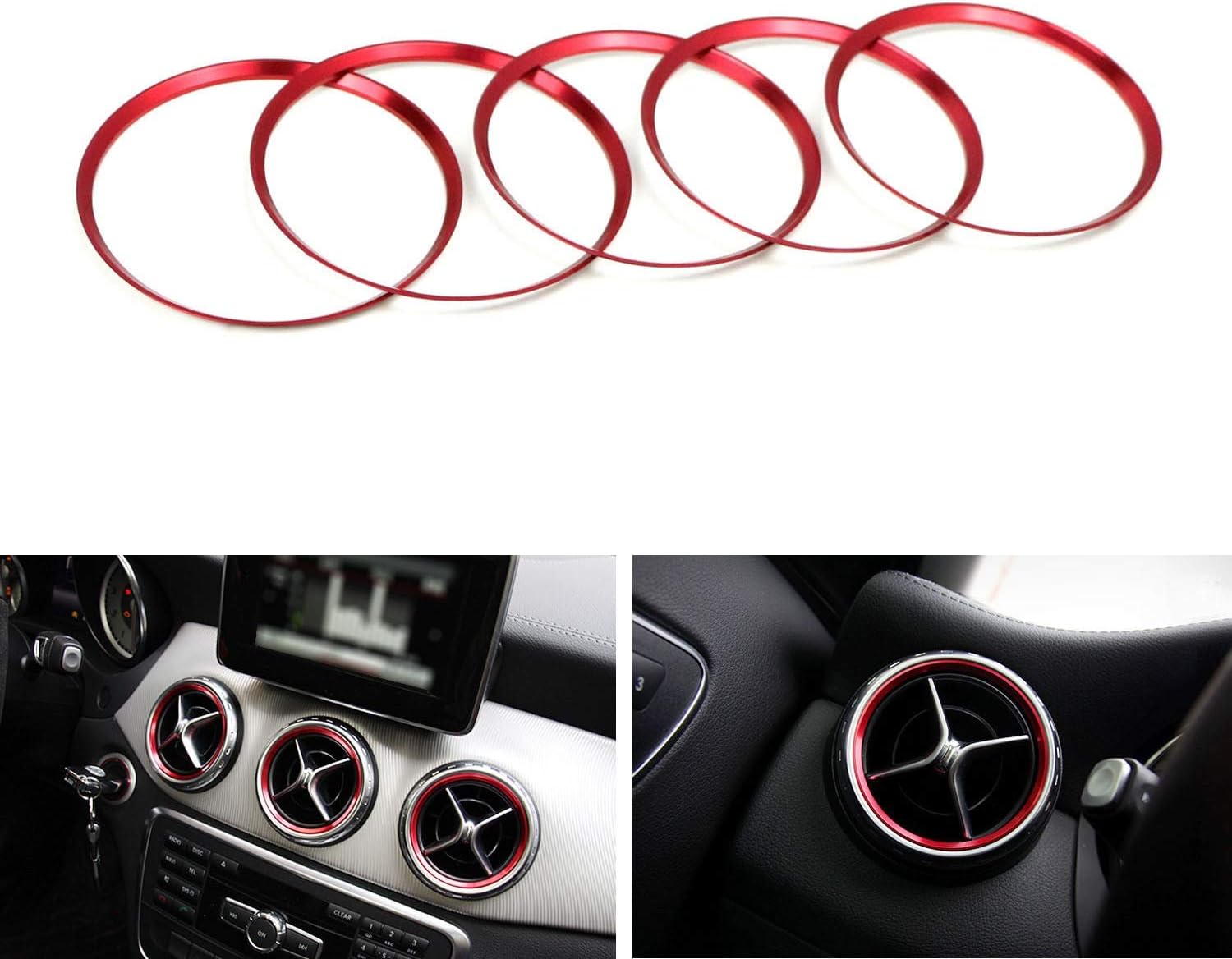 iJDMTOY 5pc Sports Red Aluminum Air Conditioner Vent/Opening Decoration Cover Trims Compatible with Mercedes CLA GLA Class