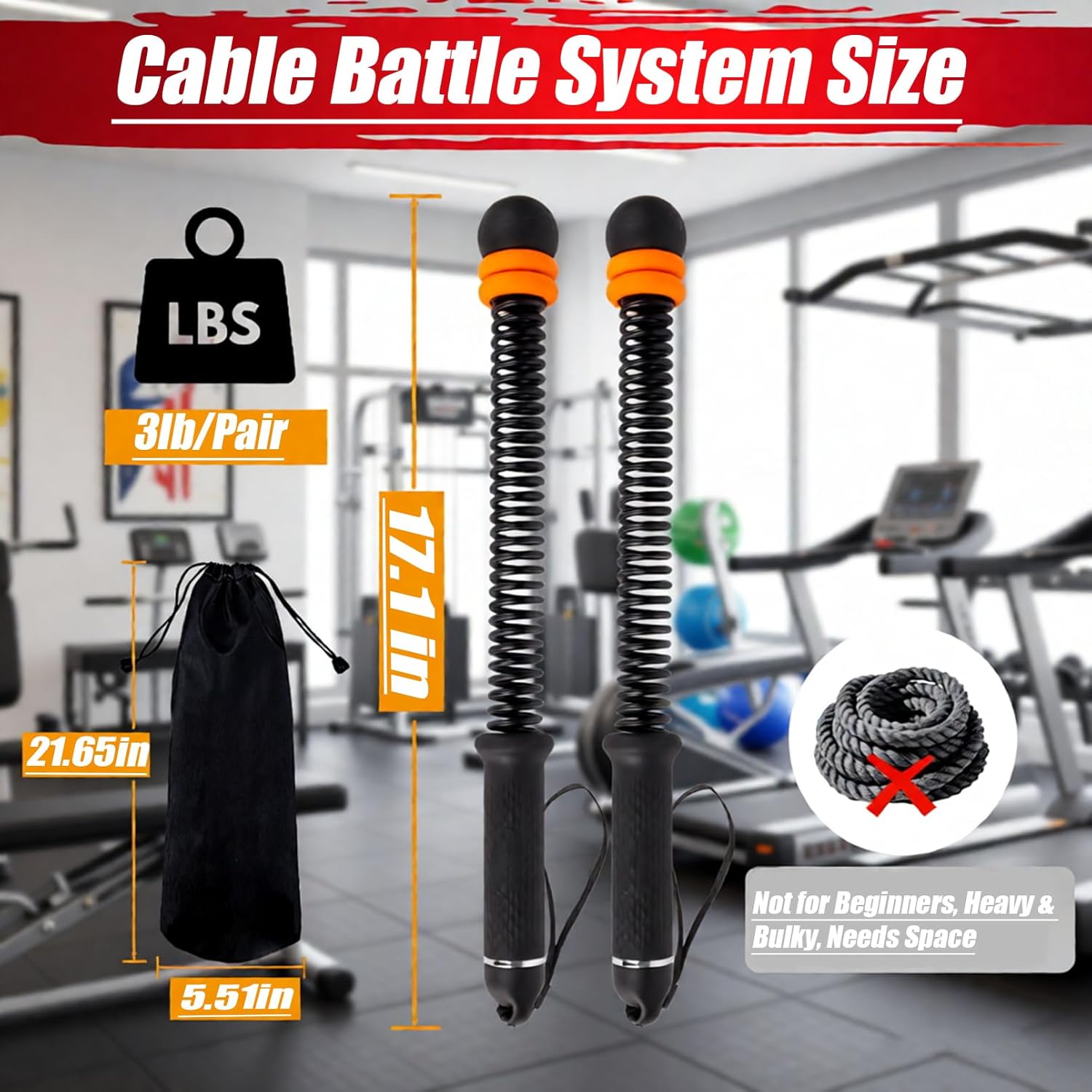 Adjustable Weighted Ropeless Battle Ropes with Spring Shock Absorption – Cordless Portable Training Rope for Home Gym, HIIT, Full-Body & Low-Impact Workouts, Non-Slip Grip, Includes Storage Bag, for Men & Women