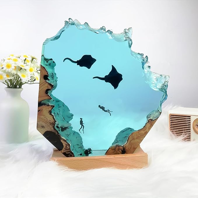 eletriace Epoxy Resin Shark Lamp, Ocean Lamp,Handmade Home Decor Bedside Nightlight, Unique Resin Lighting, Nightstand Decorations for Bedroom, Suitable for Holidays (Delifish & Divers) photo 2